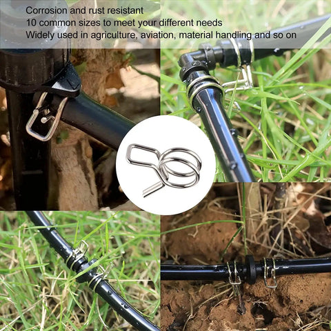 Get Your Fix Fast With These Top Tier Double Wire Irrigation Hose Clamps In Blue And White! spring steel hose clamps on black irrigation tubing in grass