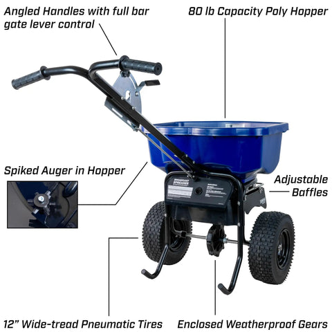 Boss Pro Grade Salt Spreader For Ice Melt With 80 Lb Capacity, Walk Behind Contractor Model, Spiked Auger, 12 Inch Tires