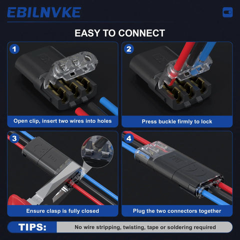 Step-by-step usage of 3 Wire Plug In Connector with Locking Buckle 18 to 22 AWG Pack of 20 for vibration-proof wiring.