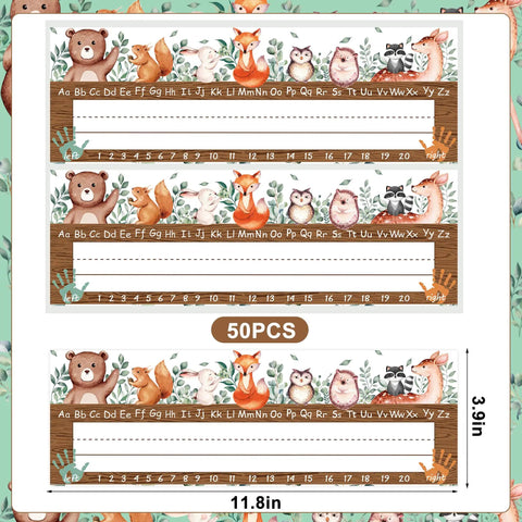 Set Of 50 Woodland Friends Alphabet Name Tags With Adhesive Dots For Classrooms, 3.9 By 11.8 Inch, Traditional Manuscript Style