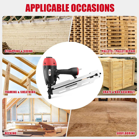 Three In One Air Framing Nailer With Adjustable Magazine For Twenty One, Twenty Eight, Thirty Four Degree Nails, 70-120 PSI, shown for various construction uses.