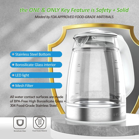 Dual Wall Cool Touch Electric Kettle With Borosilicate Glass Inner, 1.7L, 1500W Fast Boil, Cordless Hot Water Boiler, BPA Free