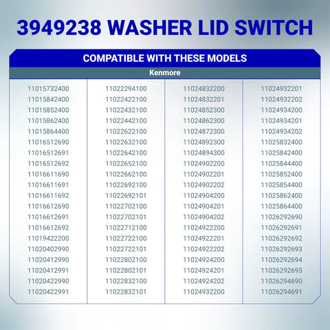 Model compatibility list for Ultra Durable Washer Lid Switch For 3949238 Fits Whirlpool And Kenmore Washers