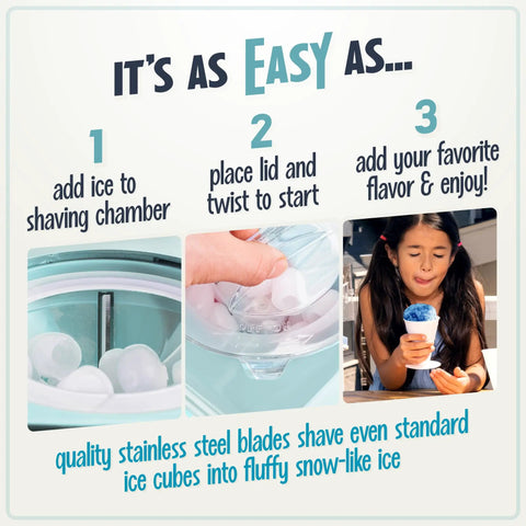 Instructions for Retro Tabletop Snow Cone Machine With Two Reusable Cups showing ice, lid placement, and child enjoying a snow cone.