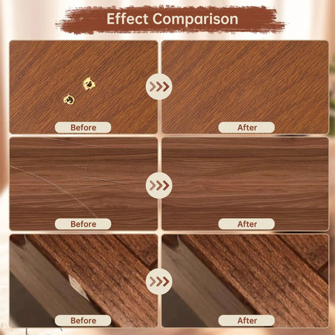 Comparison of wood surfaces before and after using 24 Piece Wood Repair Kit With 16 Color Wax Crayons And 8 Furniture Marker Touch Up Pens