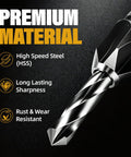 Built Like A Tank 4 Piece Countersink Drill Bit Set With Adjustable Depth Stop And Sturdy L Wrench Made From Premium M2 HSS Steel close-up of a high-speed steel drill bit.