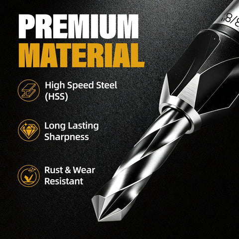 Built Like A Tank 4 Piece Countersink Drill Bit Set With Adjustable Depth Stop And Sturdy L Wrench Made From Premium M2 HSS Steel close-up of a high-speed steel drill bit.
