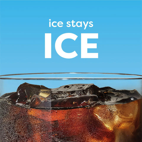 Close-up of iced coffee in a glass with ice cubes, emphasizing "ice stays ICE" text.