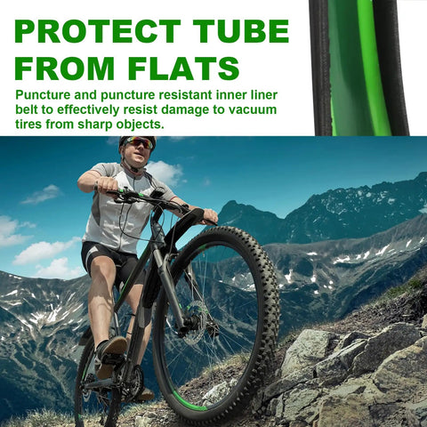 Cyclist with mountain bike using Two Pack TPU Tire Liner Puncture Proof Inner Tube Protector for electric bikes on rocky trail.