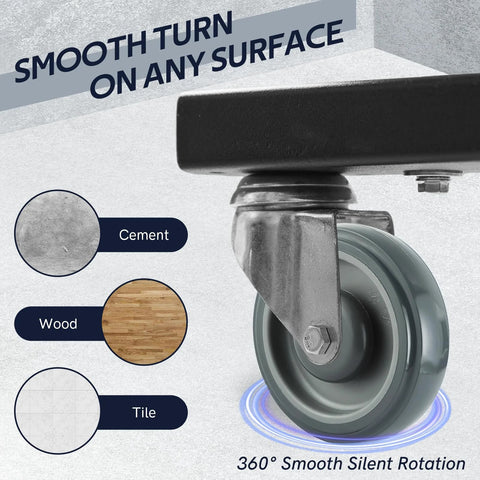 Close-up of a grey caster wheel demonstrating smooth turn on cement, wood, and tile surfaces with 360° silent rotation.