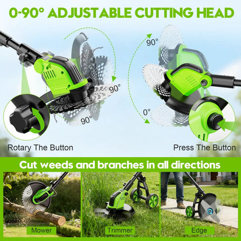 20000 RPM Cordless Weed Wacker With Wheel 12 Inch Brushless 4 In 1 Grass Trimmer showing adjustable cutting head