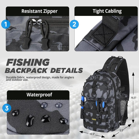 All In One Fishing Backpack With Rod And Reel Waterproof Gear Pack features durable zippers, tight cabling, camo design.