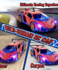 Spider Themed Remote Control Car With Dope Multicolor Flashing Lights Drift RC Toy For Kids Ages 3 Through 12 on different terrains.
