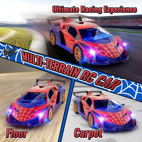 Spider Themed Remote Control Car With Dope Multicolor Flashing Lights Drift RC Toy For Kids Ages 3 Through 12 on different terrains.