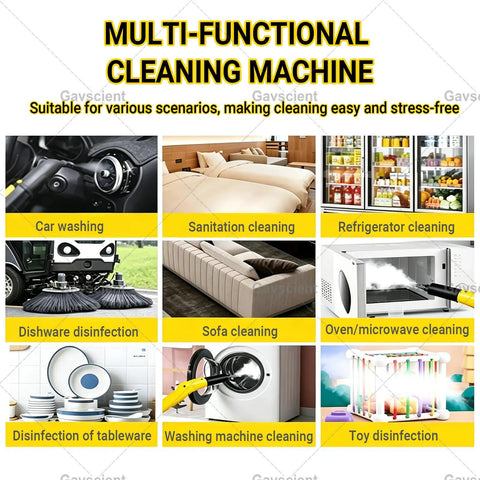 Gavscient Portable High Pressure Steam Cleaner With Complete Accessories For Deep Stain Removal shown cleaning car, sofa, and dishes.