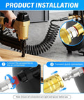 Durable 1/4 Inch Pneumatic Male Plug Connector Fits Air Hose Systems Fast Connects With Zinc Plated Alloy Steel For Heavy Duty Use At Up To 300 Psi. shown connecting air compressor and hose