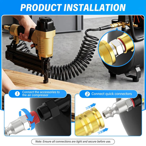 Durable 1/4 Inch Pneumatic Male Plug Connector Fits Air Hose Systems Fast Connects With Zinc Plated Alloy Steel For Heavy Duty Use At Up To 300 Psi. shown connecting air compressor and hose