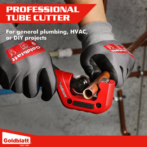 Person using No Nonsense CSST Tubing And Copper Pipe Cutter For Conduit, 1/8 To 1-1/4 Inch Range on copper pipe in workshop