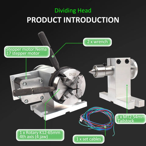 K12-65mm Rotary Table With 54mm Tailstock And 4 To 1 Reduction For CNC Router Engraver 4th Axis Includes K02-63mm 4 Jaw Chuck And Nema17