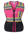 Women High Visibility Safety Vest Packing Nine Multi Pockets Sewn From Cool Breathable Mesh With Glowing Reflective Strips For Tough Job Sites Or Dusk Runs Built Different In Dope Rainbow Pink To Keep You Comfortable, front view.