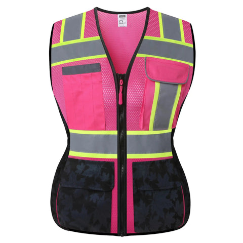 Women High Visibility Safety Vest Packing Nine Multi Pockets Sewn From Cool Breathable Mesh With Glowing Reflective Strips For Tough Job Sites Or Dusk Runs Built Different In Dope Rainbow Pink To Keep You Comfortable, front view.