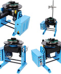 Badass Heavy Duty Rotary Welding Positioner Turntable With 30Kg Load Capacity Adjustable 0 To 90 Degree Tilt 110V Powered 3Jaw Chuck And Torch Stand For Serious Pipe Fabrication Tasks in blue with multi-angle views.