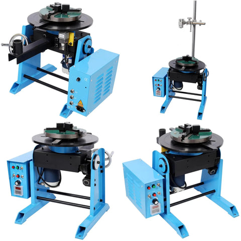 Badass Heavy Duty Rotary Welding Positioner Turntable With 30Kg Load Capacity Adjustable 0 To 90 Degree Tilt 110V Powered 3Jaw Chuck And Torch Stand For Serious Pipe Fabrication Tasks in blue with multi-angle views.