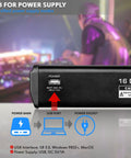 Close-up of USB and power inputs on Bluetooth DJ Mixer With 6 Channel Control And DSP Effects 16 Presets USB Interface 4 XLR Mic Or Line Inputs Aux Output FX Processor MP3 Player And Headphone Jack Ready For Studio And Stage, with power supply diagram in background