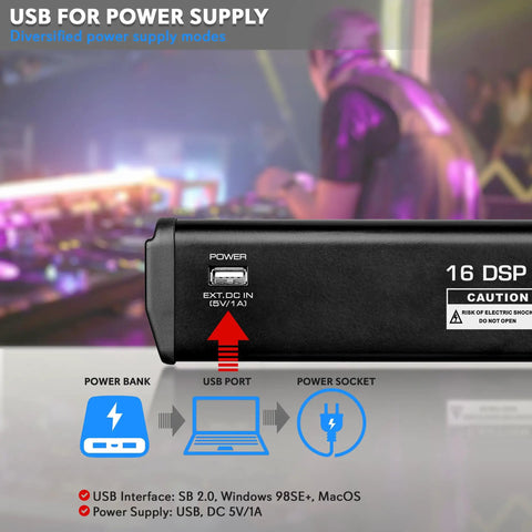Close-up of USB and power inputs on Bluetooth DJ Mixer With 6 Channel Control And DSP Effects 16 Presets USB Interface 4 XLR Mic Or Line Inputs Aux Output FX Processor MP3 Player And Headphone Jack Ready For Studio And Stage, with power supply diagram in background