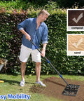 Heavy Duty Lawn Leveling Rake 6 Ft Metal Leveler With 17x10 Inch Head used on soil; man in garden with rake