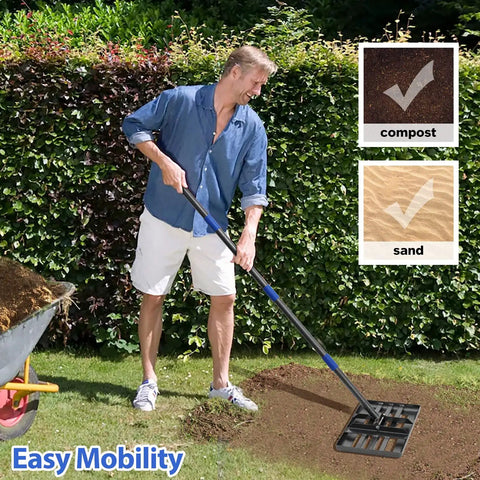 Heavy Duty Lawn Leveling Rake 6 Ft Metal Leveler With 17x10 Inch Head used on soil; man in garden with rake