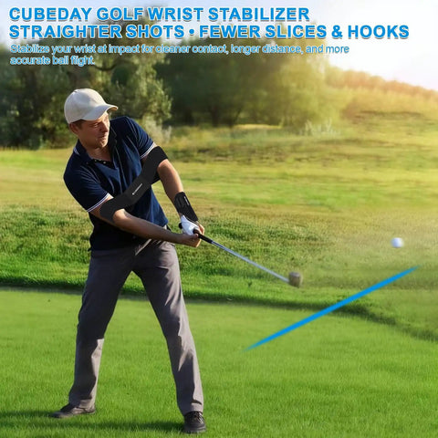 Golfer using Golf Wrist Brace And Arm Band Training Kit Two In One Pro Swing Trainer for Impact Control on green field