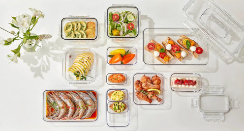 Airtight Food Storage Container With Lid 13.5oz - Leak-Proof Baby Food Box, BPA-Free, various dishes stored, top view.