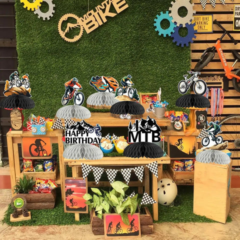 Eight Piece Mountain Bike Birthday Honeycomb Centerpieces With Clips For Teens And Adults BMX Style Party Decor