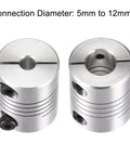 Two Pack Aluminum Helical Beam Motor Shaft Coupler Five Mm To Twelve Mm Bore showing smooth silver finish and flex design.