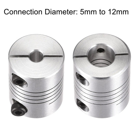 Two Pack Aluminum Helical Beam Motor Shaft Coupler Five Mm To Twelve Mm Bore showing smooth silver finish and flex design.