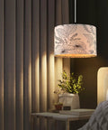 Plug In Pendant Light With Dimmable Switch, Hanging Lamp On A 15 Ft Clear Cord For Bedroom And Kitchen Island, Easy No Fuss Install Pendant Fixture, Bulb Included, flower-print fabric shade in bedroom setting.