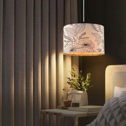 Plug In Pendant Light With Dimmable Switch, Hanging Lamp On A 15 Ft Clear Cord For Bedroom And Kitchen Island, Easy No Fuss Install Pendant Fixture, Bulb Included, flower-print fabric shade in bedroom setting.