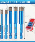 FASTVENIENT diamond drill bit set, 10 pcs blue hex-shank tile hole saws, front view, sizes 3/16–1/2 in (x2), red case.