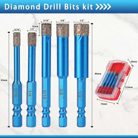 FASTVENIENT diamond drill bit set, 10 pcs blue hex-shank tile hole saws, front view, sizes 3/16–1/2 in (x2), red case.