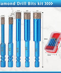 Diamond Drill Bit Set 5 Piece Pro Grade For Tile Glass Ceramic Porcelain Marble Granite Quartz With 1/4 Inch Hex Shank