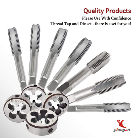 Array of tap and die tools in different sizes, including M14x1.5 Tap and Die Set for Metalworking, Right Hand Metric Thread Kit in High Speed Steel