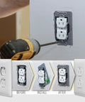 Flush-Fit Outlet Level Plate 999X 3 Pack with steel spacer fixing a recessed outlet, showcasing before, install, and after stages.