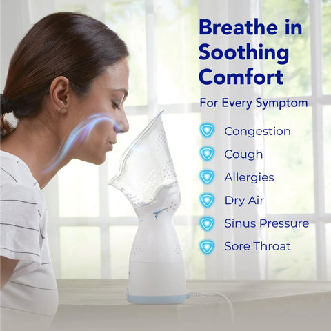 Plug In Non Medicated Steam Inhaler For Sinus Relief And Congestion in use, relieving congestion and allergies; soothing nasal passages.