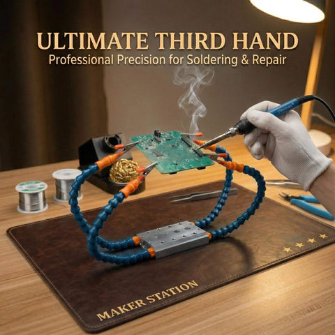 Four Arm Handy Helping Hands Pro Grade With Eleven Point Eight Inch Extended Gooseneck And Three Sixty Degree Rotating Alligator Clamps in use during soldering of PCB