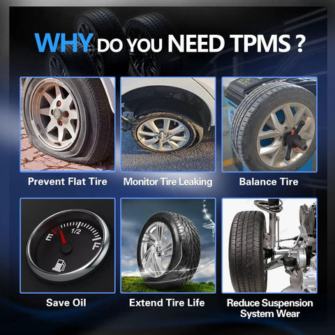 Image illustrating the importance of TPMS with benefits like preventing flat tires for vehicles.