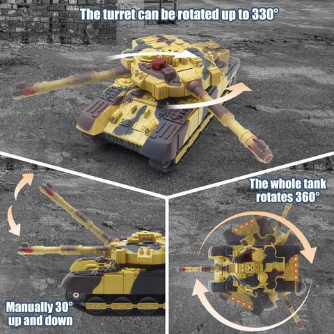 Realistic Infrared Battle RC Tank With 2.4GHz Remote, 360 Degree Turret, showing movement and rotation features