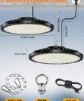 UFO LED High Bay Light 200W 28000Lm Ultra Bright High Bay Shop Light With US Plug Six Point Five Foot Cable And Transformer 7000K Daylight 120 Degree Beam CRI 80 Ten Pack For Garage Factory Workshop Barn, illustrating installation methods with chain and hook.