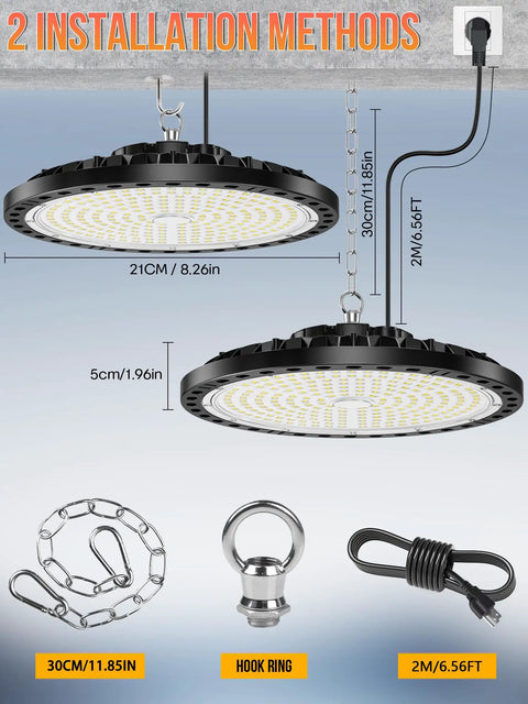 UFO LED High Bay Light 200W 28000Lm Ultra Bright High Bay Shop Light With US Plug Six Point Five Foot Cable And Transformer 7000K Daylight 120 Degree Beam CRI 80 Ten Pack For Garage Factory Workshop Barn, illustrating installation methods with chain and hook.