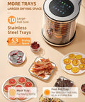 No Fuss Big Batch Stainless Steel Food Dehydrator With 10 Removable Racks showing drying fruits and meats on trays.